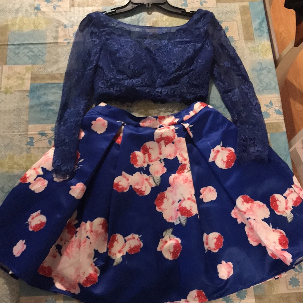 Blue and pink two piece semi formal dress